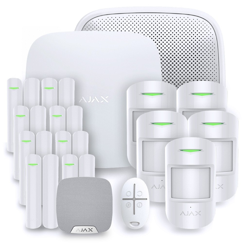 Ajax Systems alarm hub, motion detectors, door sensors, siren and controls