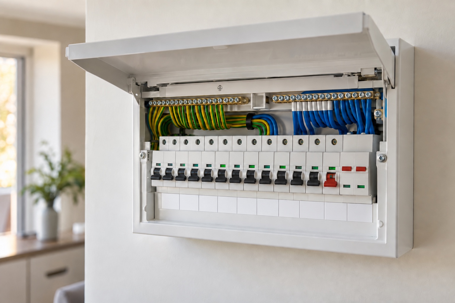 Modern consumer unit with tidy circuit protection