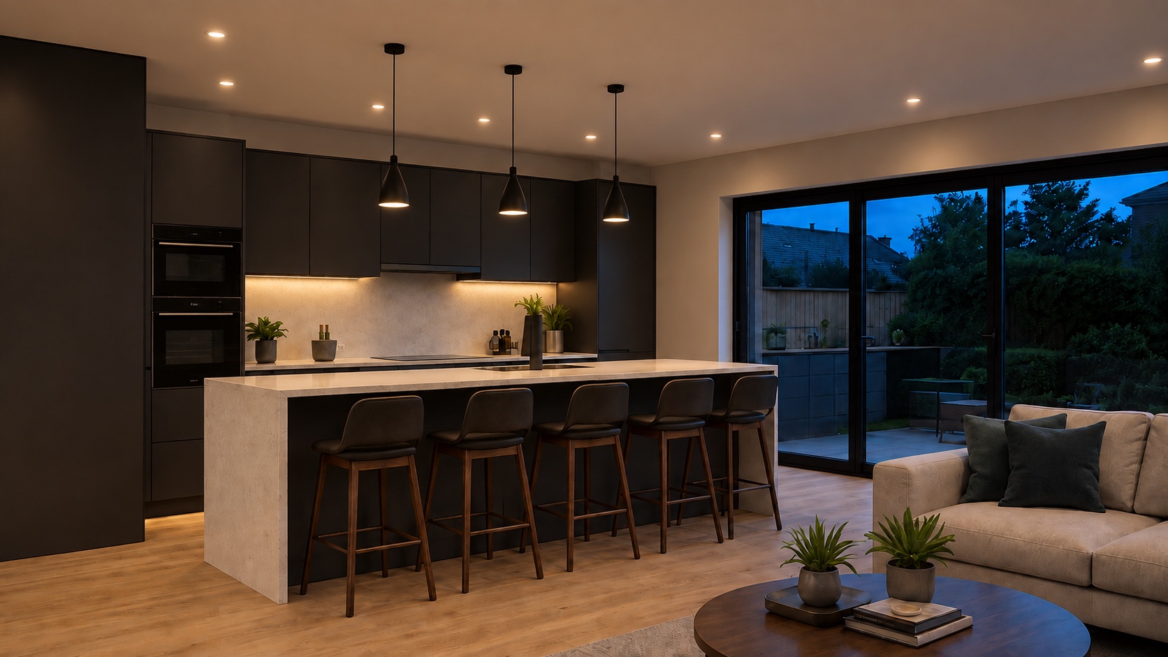 Warm lighting in a professionally wired modern kitchen